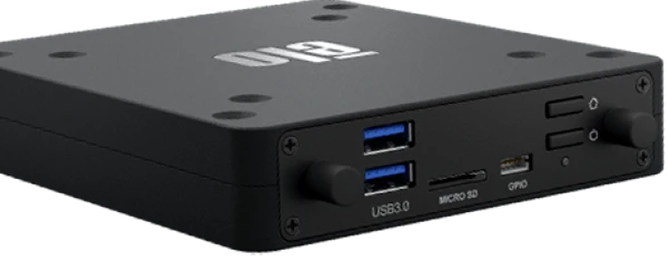 Photo of the Mini PC showing ports supporting 4X USB 3.0, Ethernet, Bluetooth, Wi-Fi, HDMI, UCB-C output, micro-SD, GPIO, and Wi-Fi antennas